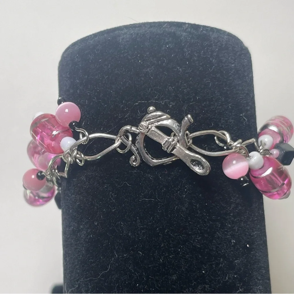 Pink Beaded Bracelet with Teapot and Spoon Toggle Closure